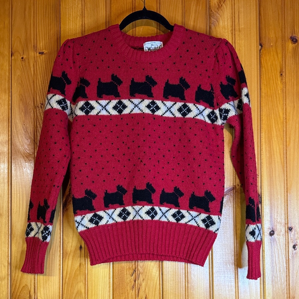 Woolrich Vintage Red Sweater with Black Scottie Dogs 100% Wool